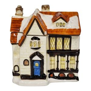 Vintage CIB Porcelain Cottage Cookie Jar Canister 5.5" Collectible Kitchen Decor